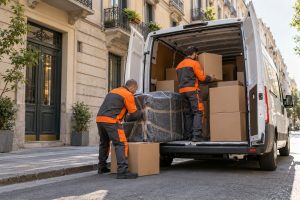 Traslochi a Milano: operaio Speedy Ruben carica gli scatoloni nel furgone
